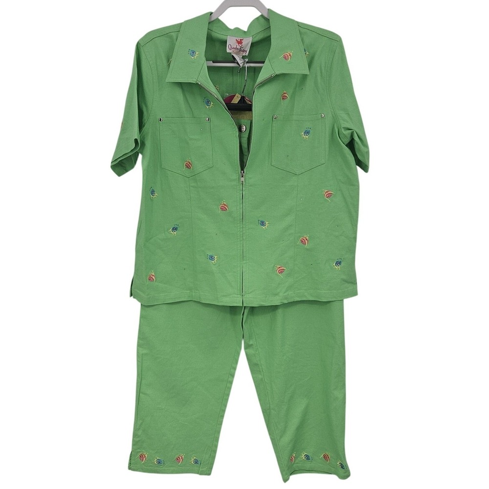 Quacker Factory 2‎ Pc Top Pant Set Linen Women L Green Zip  Fish Motif Coastal